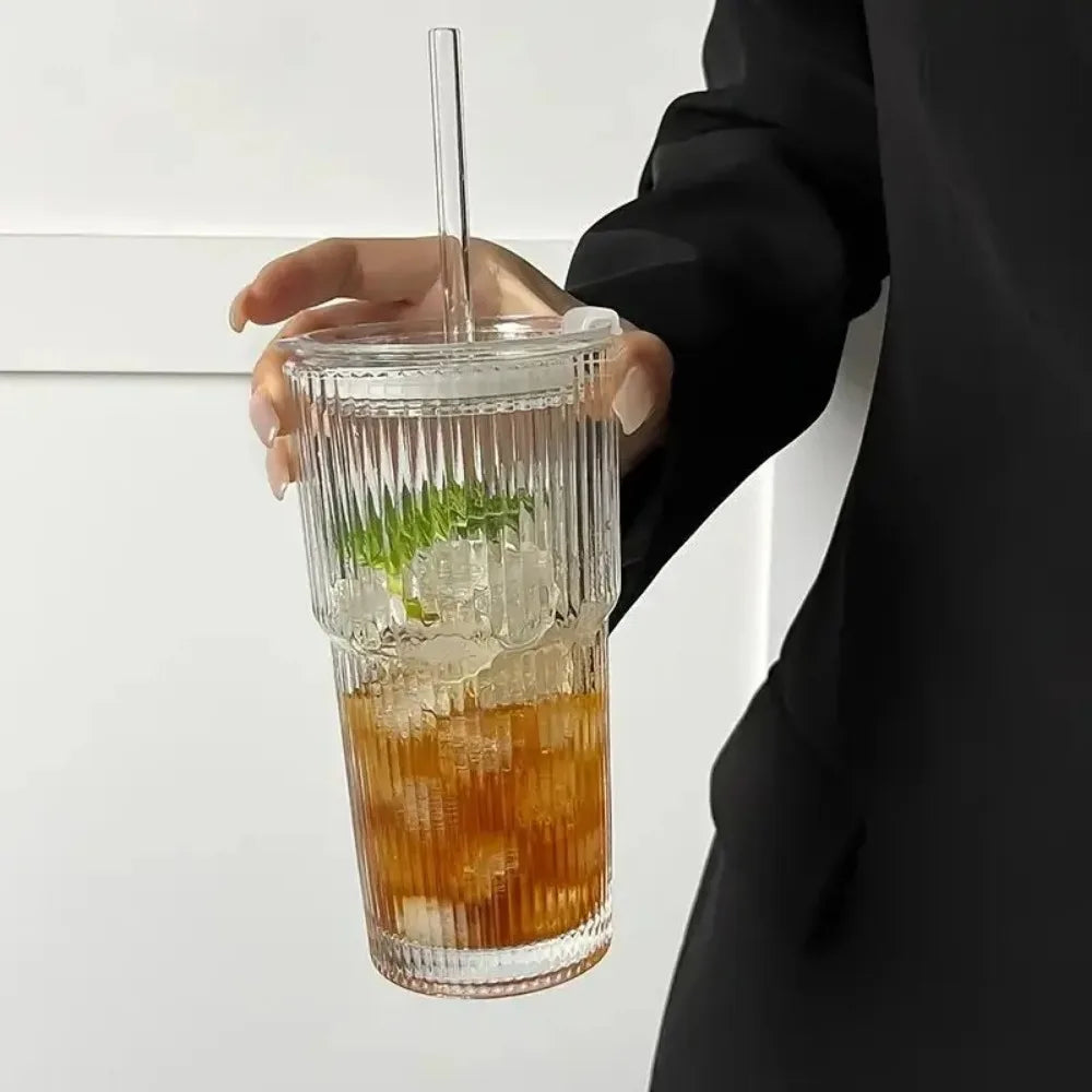Striped Glass cup with lid & straw