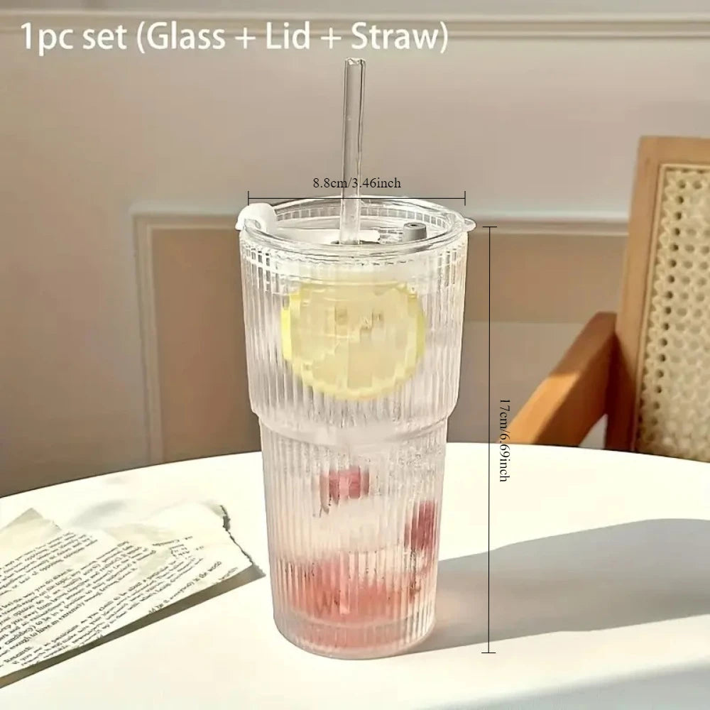 Striped Glass cup with lid & straw